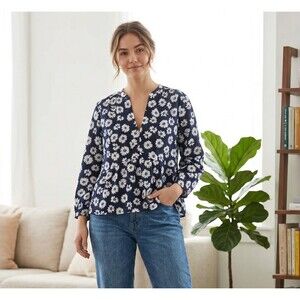 GAP Womens Daisy Peplum Blouse Top L Navy Blue 3/4 Sleeve V Neck 100% Cotton